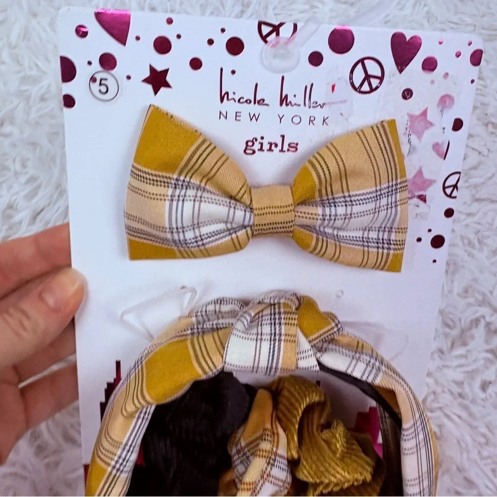 NWT Nicole Miller Girls Yellow Plaid preppy clueless Hair Accessory Set
